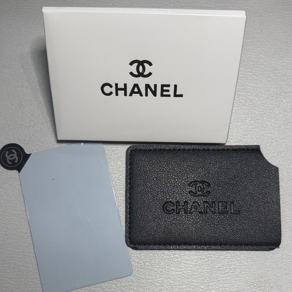 CHANEL Black Vegan Leather Card Holder and Mirror